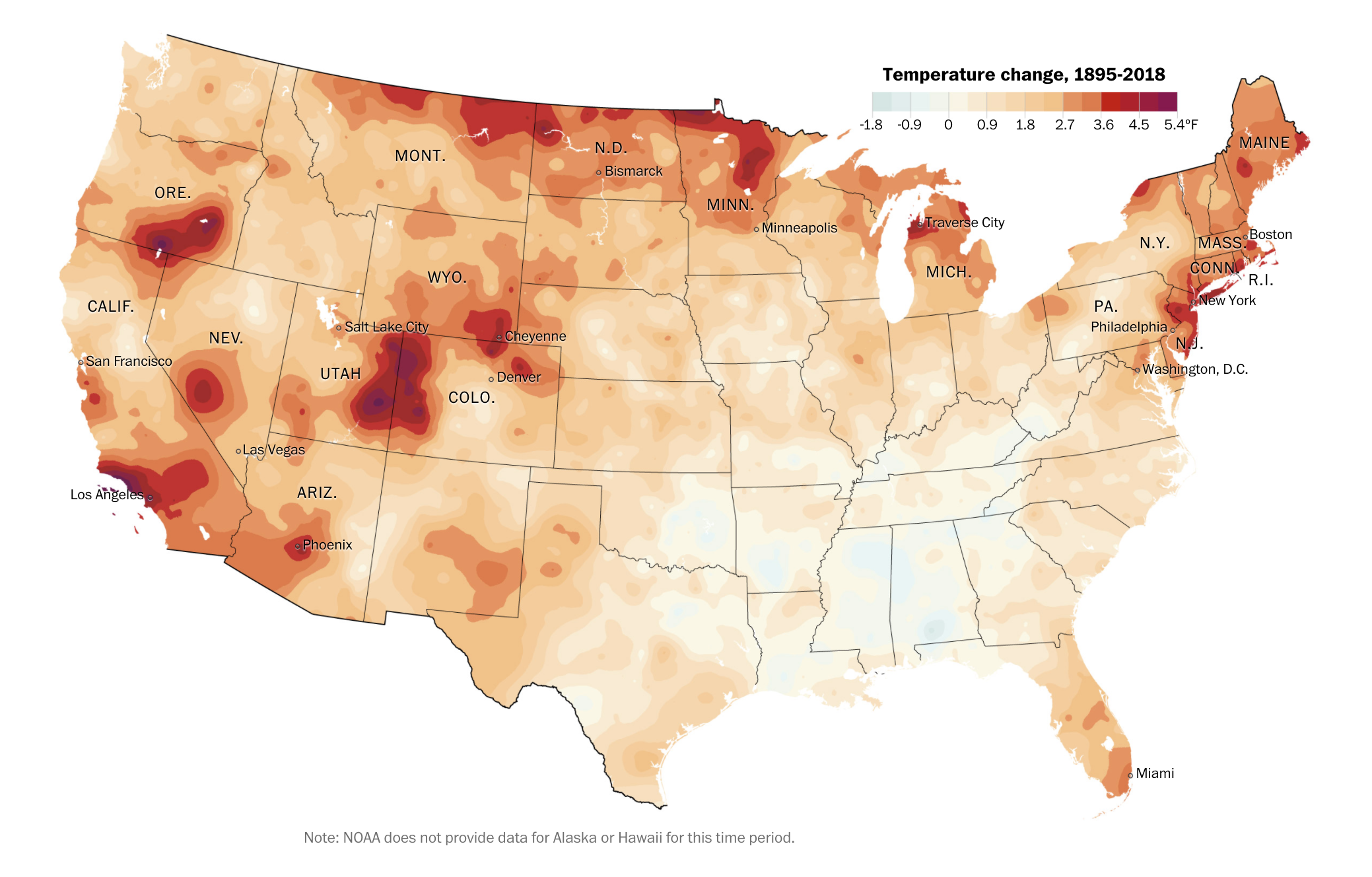 Map shows where U.S. temperatures have already risen by up to 5 degrees Fahrenheit due to Climate Change