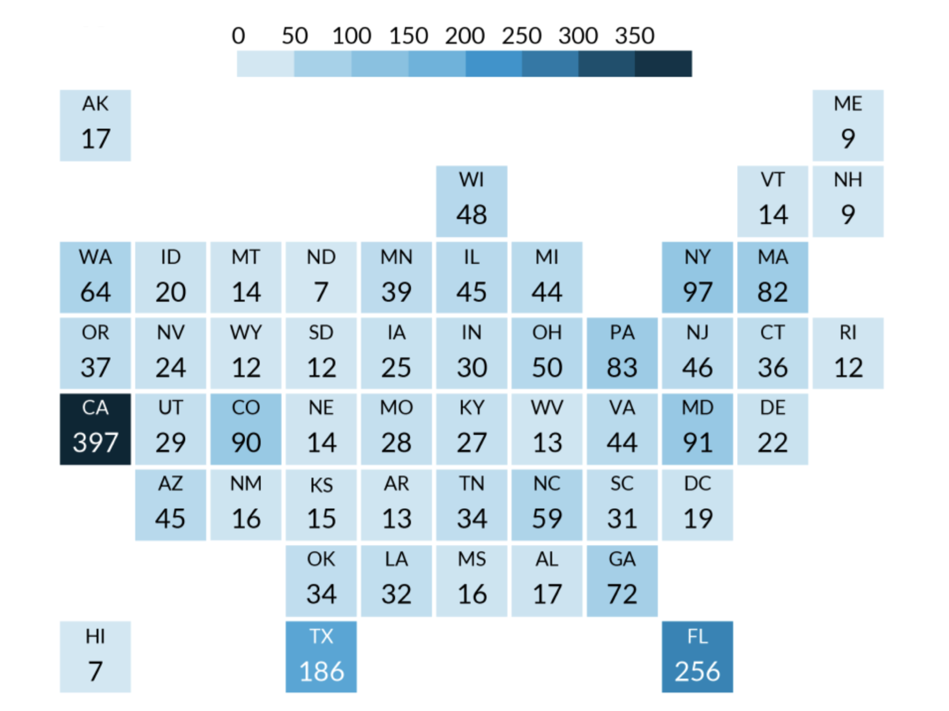 Map showing the number of active down payment assistance programs in each state