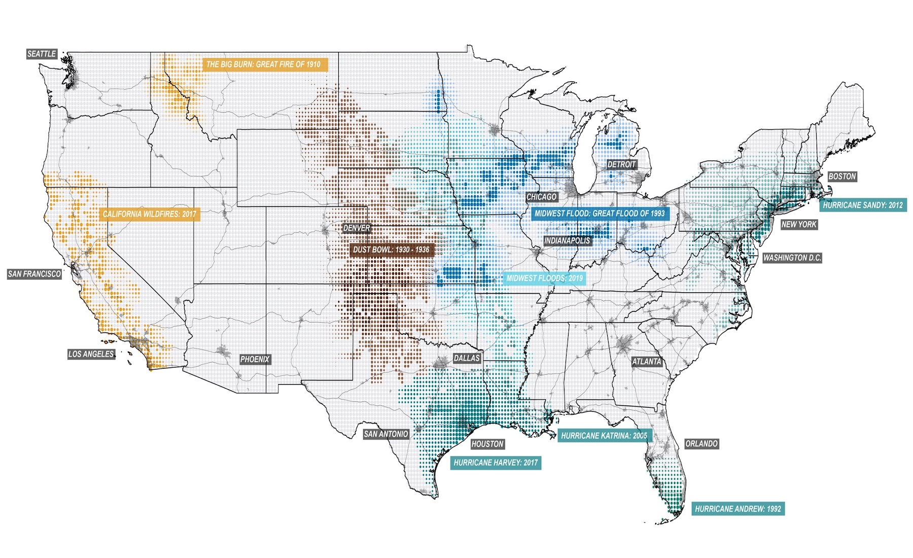 Map showing severe US environmental disasters in recent history from the McHard Center Atlas for a Green New Deal