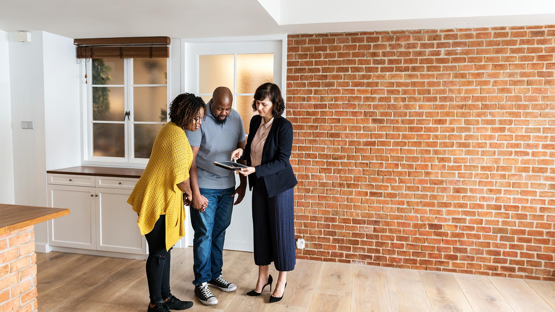 They bought a new house. African American buying House. Real agent.