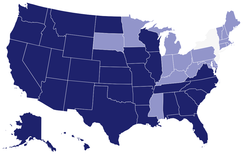 Map showing 31 states with Guild Mortgage branch locations and 19 states where Guild is available but without any branches