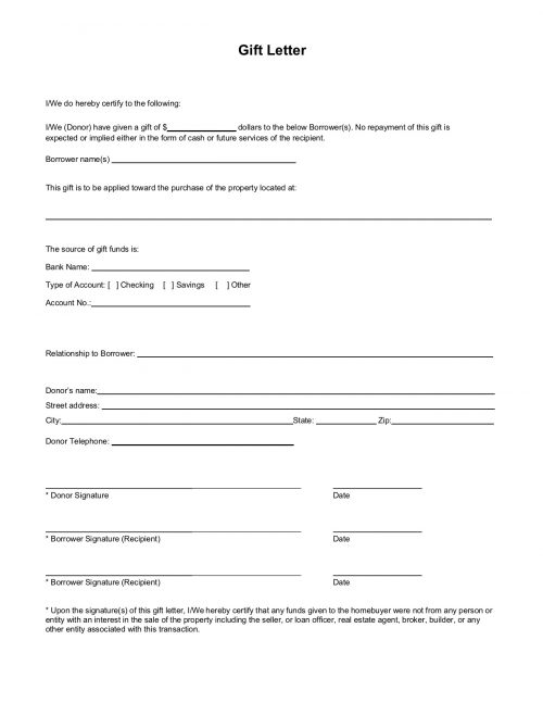 Gift letter template for mortgage down payment gift. For FHA, VA, USDA, conventional loans. 